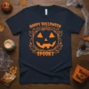 Happy Halloween Spooky t-shirt with orange jack-o'-lantern graphic and decorative swirls