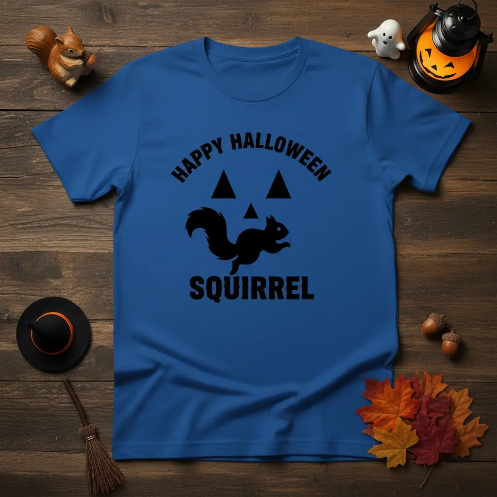 Happy Halloween Squirrel graphic tee featuring black text and a running squirrel silhouette design