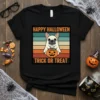 Happy Halloween Trick Or Treat text with a French Bulldog ghost holding a pumpkin on a vintage striped background, t-shirt