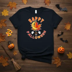 Happy Halloween Trick or Treat t-shirt with a cute moon and leaf graphic, surrounded by ghosts and bats