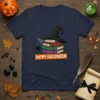 Happy Halloween Witch Books T-Shirt design featuring a black witch hat on a stack of colorful books and a small