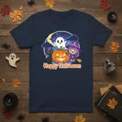 Happy Halloween t-shirt design with a cartoon witch, ghost, black cat, and pumpkin under a moonlit sky