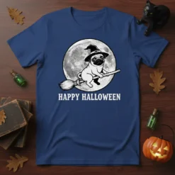 Happy Halloween text with a pug wearing a witch hat flying on a broomstick in front of a full moon