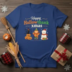 Happy Hallowthank Xmas t-shirt design with a black cat on pumpkins, a scarecrow, and a polar bear with gifts, all