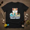 Happy Hamster Beach Day! text with a cute hamster holding a beach ball on a wave, white text on black