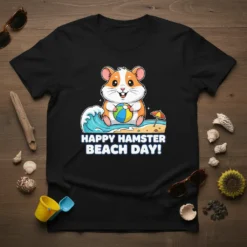 Happy Hamster Beach Day! text with a cute hamster holding a beach ball on a wave, white text on black