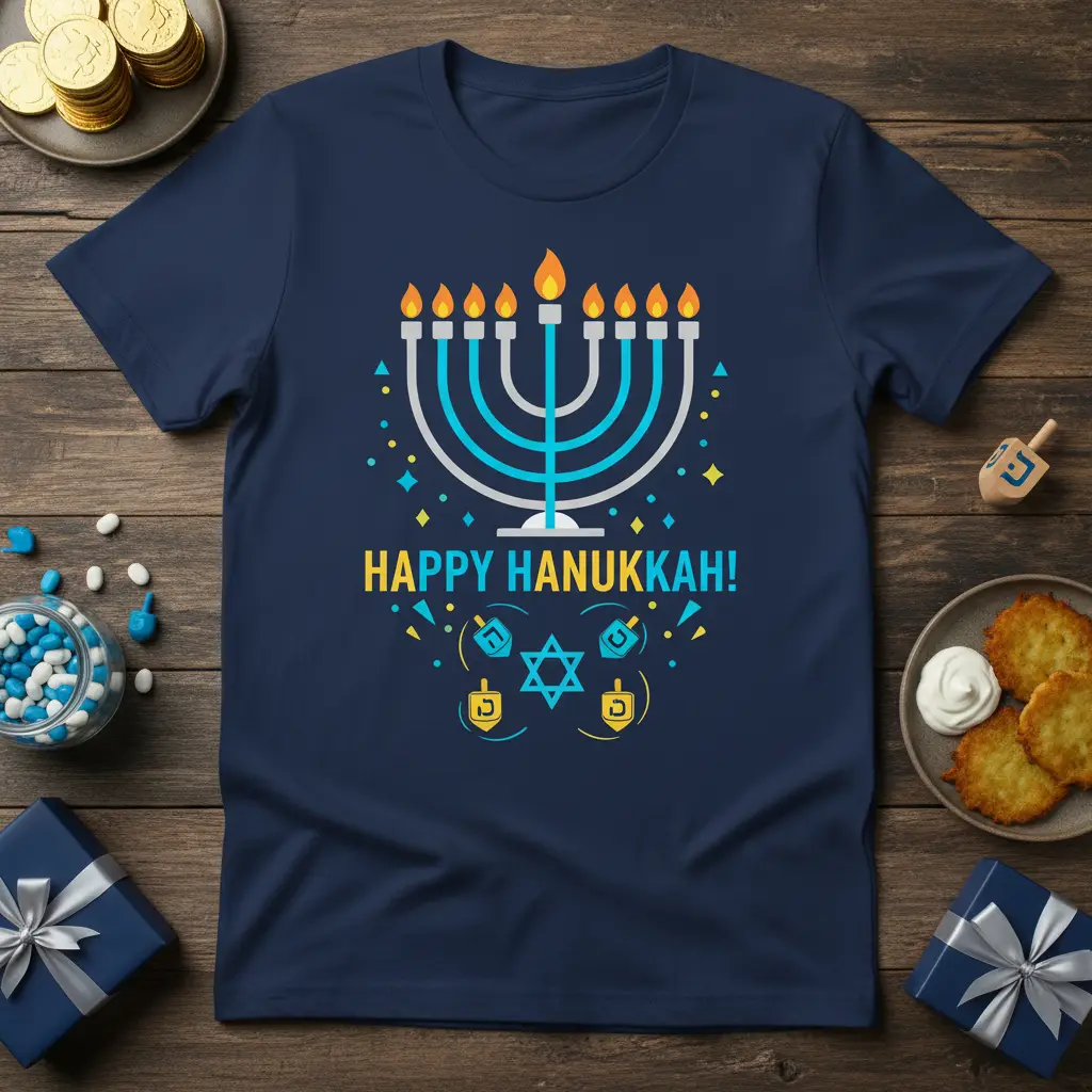 Happy Hanukkah text with a colorful menorah, dreidels, and Star of David graphic on a navy t-shirt
