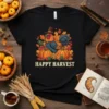 Happy Harvest t-shirt design with a rooster, pumpkins, and autumn leaves, featuring the phrase "Happy Harvest"