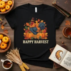 Happy Harvest t-shirt design with a rooster, pumpkins, and autumn leaves, featuring the phrase "Happy Harvest"