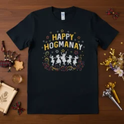 Happy Hogmanay text with silhouette dancers and stars on a black t-shirt, celebrating Scottish New Year