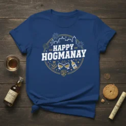 Happy Hogmanay text with Scottish city skyline, thistle, glasses, and bottle on a blue t-shirt