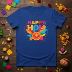 Happy Holi text with colorful paint splashes and a traditional diya graphic on a blue t-shirt
