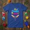 Happy Holi text with colorful splashes and hands holding powder on a blue t-shirt