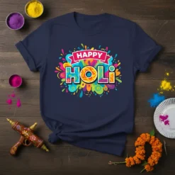 Happy Holi text design with colorful splashes and a pink ribbon on a navy blue t-shirt, celebrating the Indian festival
