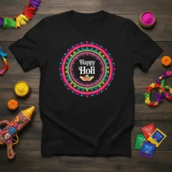 Black t-shirt with "Happy Holi" text in a colorful circular mandala design, symbolizing the festival of colors