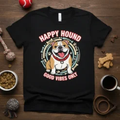 Happy Hound Good Vibes Only T-Shirt with a smiling bulldog illustration and bone circle design