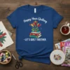 Happy Hour Quilting Let's Quilt Together t-shirt design with stacked books and colorful floral art