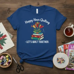 Happy Hour Quilting Let's Quilt Together t-shirt design with stacked books and colorful floral art