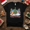 Happy Howlidays! text with cartoon dogs, Christmas tree, and snowman on a black t-shirt design