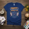 Happy International Women's Day text with diverse female faces graphic and floral accents on a navy t-shirt