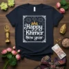 Happy Khmer New Year t-shirt design with Angkor Wat temple graphic and fireworks, white text on navy blue