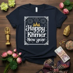 Happy Khmer New Year t-shirt design with Angkor Wat temple graphic and fireworks, white text on navy blue