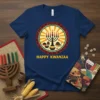 Happy Kwanzaa t-shirt design with a central kinara graphic, featuring colorful candles and cultural symbols, printed on a navy blue