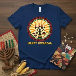 Happy Kwanzaa t-shirt design with a central kinara graphic, featuring colorful candles and cultural symbols, printed on a navy blue