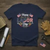 Happy Labor Day t-shirt design with American flags, tools, and stars and stripes text