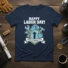 Happy Labor Day Strength Through Unity t-shirt design featuring tools, hard hat, and a shield emblem
