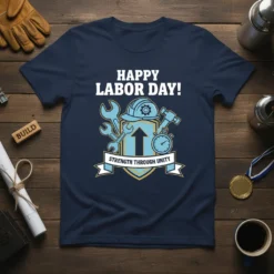 Happy Labor Day Strength Through Unity t-shirt design featuring tools, hard hat, and a shield emblem