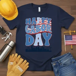 Happy Labor Day text with American flag graphic and city skyline silhouette on a navy blue t-shirt