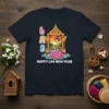 Happy Lao New Year t-shirt design featuring cartoon LAO text, a traditional temple, and a woman holding a bowl