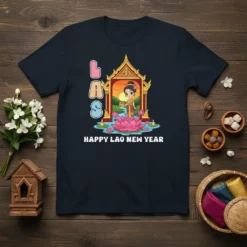 Happy Lao New Year t-shirt design featuring cartoon LAO text, a traditional temple, and a woman holding a bowl