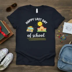 Happy Last Day of School t-shirt with a cartoon school bus, school building, and smiling sun graphic