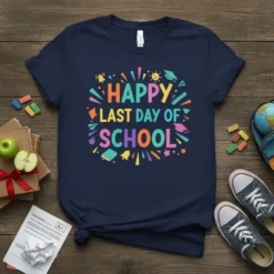 Happy Last Day of School text design with colorful school icons like bells, graduation caps, and rulers