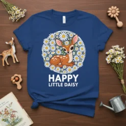 Happy Little Daisy t-shirt with a cute fawn illustration surrounded by a floral daisy circle and the text "Happy Little