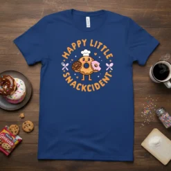 Happy Little Snackcident donut graphic t-shirt with text in a circle, featuring a chef donut character