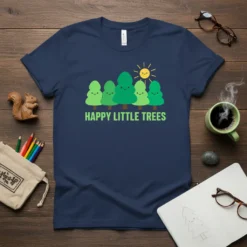 Happy Little Trees text with cute smiling trees and sun graphic on a navy blue t-shirt