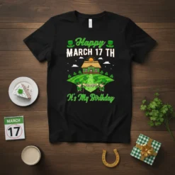 Happy March 17 TH It's My Birthday t-shirt design featuring leprechauns, shamrocks, and a festive building