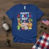 Happy Memorial Day text with cartoon animals like an elephant, lion, giraffe, and alligator wearing patriotic hats and sunglasses