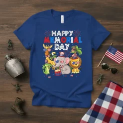 Happy Memorial Day text with cartoon animals like an elephant, lion, giraffe, and alligator wearing patriotic hats and sunglasses