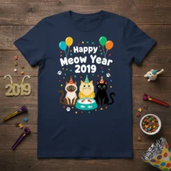 Happy Meow Year 2019 text with three cartoon cats wearing party hats on a navy t-shirt