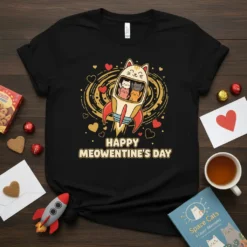 Happy Meowentine's Day text with cats in a rocket graphic on a black t-shirt