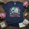 Happy Mother's Day t-shirt design with a gray elephant and two baby elephants within a floral wreath