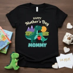 Happy Mother's Day Mommy t-shirt with two green dinosaurs, mountains, and sun