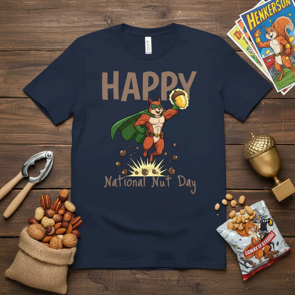 Happy National Nut Day graphic tee featuring a superhero squirrel with an acorn