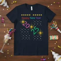 Happy New Year 2025 t-shirt design with stars, fireworks, and colorful text for holiday celebrations