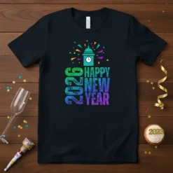 Happy New Year 2026 text with a clock tower graphic and confetti, on a black t-shirt