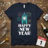 Happy New Year text with Big Ben graphic and fireworks on a navy blue t-shirt